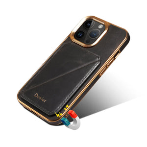 Black leather iPhone case with hidden card slot from PADUCASE, offering durable protection and convenient card storage.