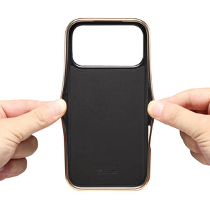 Brown leather iPhone case compatible with iPhone 12 to 17 by PADUCASE, showing the textured leather surface and precise cutouts.