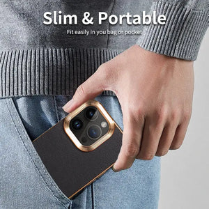 Black premium leather MagSafe iPhone case by PADUCASE, showing the sleek, slim design with precise cutouts and smooth leather texture.