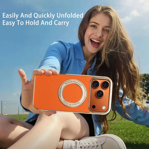 Orange MagSafe leather iPhone case with hand grip from PADUCASE, offering full protection and a stylish, textured design.