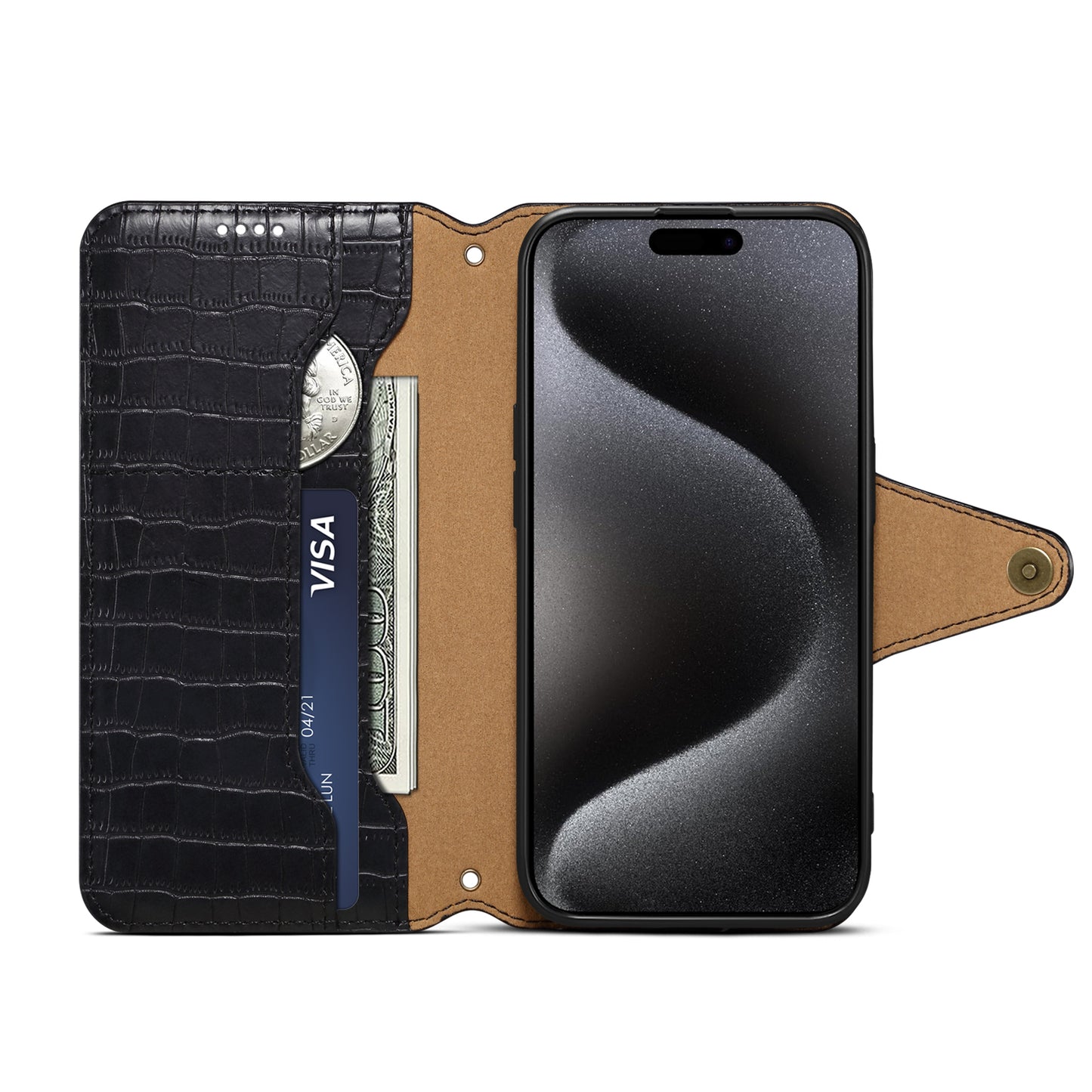 Alligator Print Phone Case With Wallet And Strap For iPhone Black-644008992013