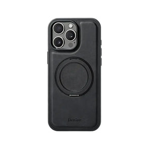 Brown leather iPhone case with built-in stand by PADUCASE, offering durable protection and convenient hands-free viewing.