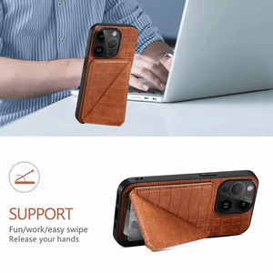 Brown PADUCASE wallet iPhone case with built-in card holder, showing the sleek exterior and accessible card slots.
