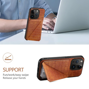 Brown PADUCASE wallet iPhone case with built-in card holder, showing the sleek exterior and accessible card slots.