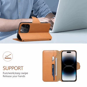 PADUCASE leather wallet iPhone case with card holder in khaki, flip cover protection, slim design, and functional storage.