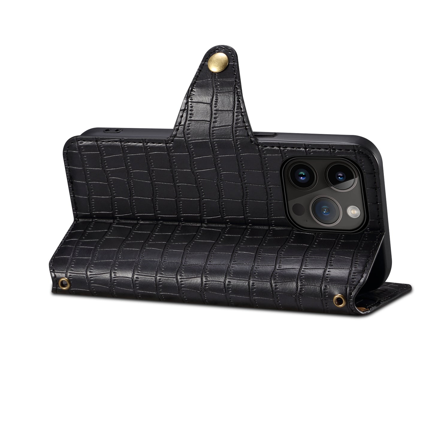 Alligator Print Phone Case With Wallet And Strap For iPhone Black-644008992013
