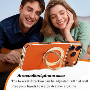PadUCASE MagSafe leather iPhone case with hand grip in orange, providing full protection and secure attachment for iPhone.