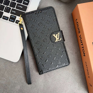 Leather Folio Monogram iPhone Case With Card Holder And Strap Black-RCLV173
