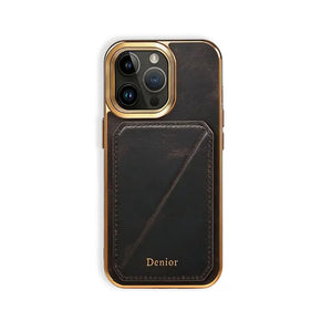 Black leather iPhone case with hidden card slot from PADUCASE, showing a sleek, durable protective cover with card storage.