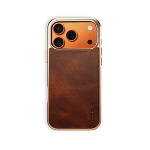 Brown leather iPhone case compatible with iPhone 12 to 17 models by PADUCASE, featuring a sleek and protective design.