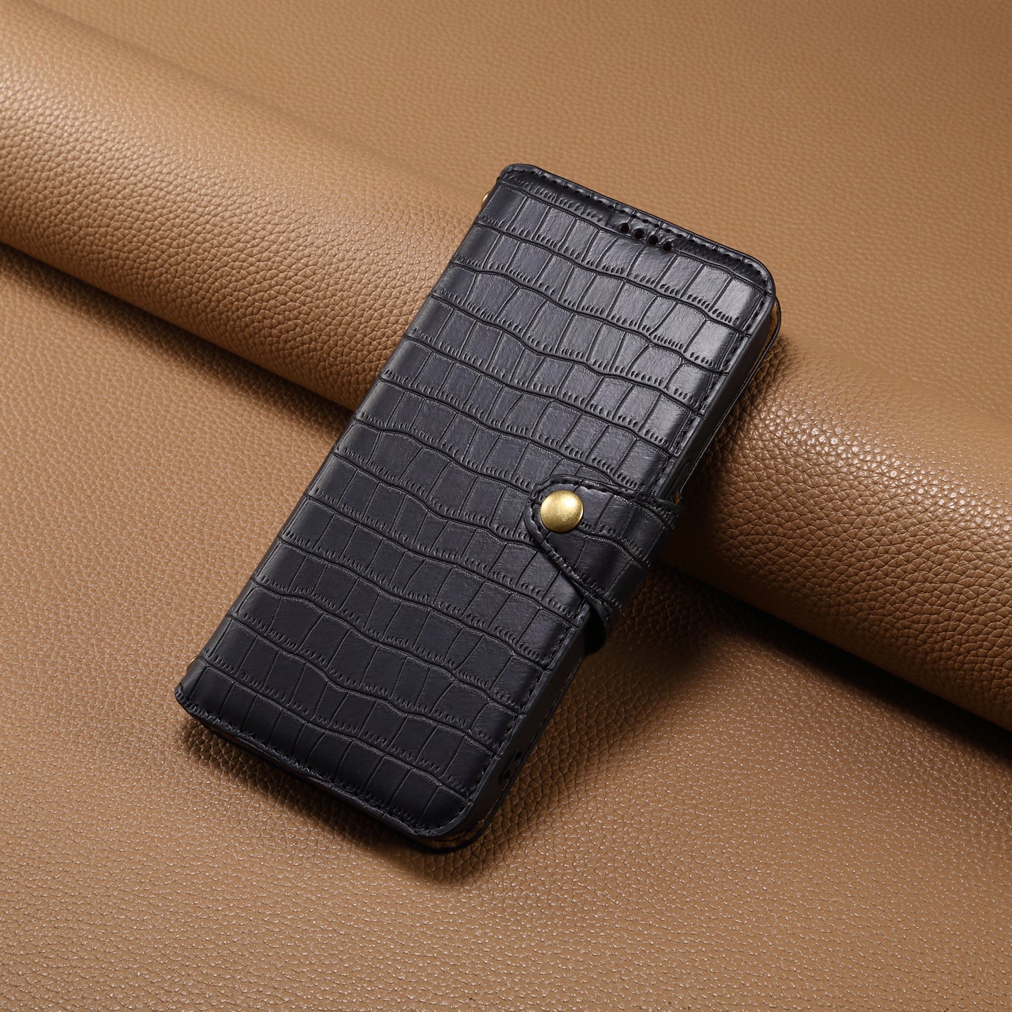 Alligator Print Phone Case With Wallet And Strap For iPhone Black-644008992013