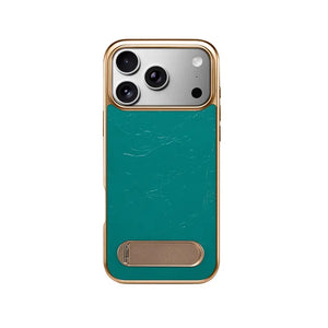Black leather iPhone case with foldable stand and MagSafe compatibility by PADUCASE, featuring precise cutouts and sleek design.