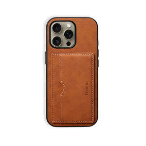 Brown leather wallet iPhone case by PADUCASE with full protection, featuring card slots and sleek design.