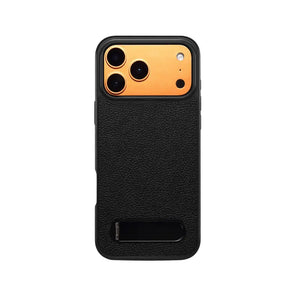 Orange leather iPhone case with stand by PADUCASE, durable protective cover featuring precise cutouts and textured surface.