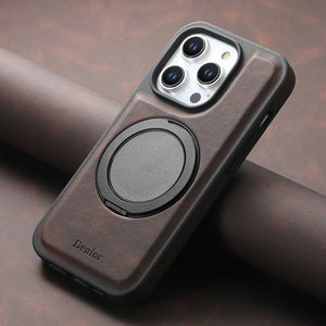 Brown leather iPhone case with built-in stand by PADUCASE, offering durable protection and convenient hands-free viewing.