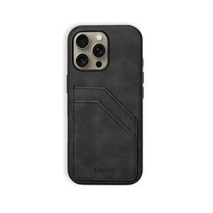Black leather iPhone case with built-in card holder from PADUCASE, providing full protection and convenient card storage.