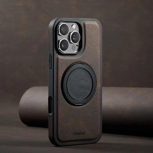 Brown leather iPhone case with built-in stand by PADUCASE, offering durable protection and hands-free viewing.