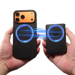 Black leather MagSafe cardholder iPhone case compatible with iPhone 12 to 17 by PADUCASE, featuring a sleek design with card storage.
