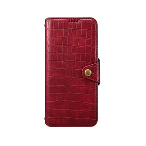 Brown leather iPhone flip case with card holder and strap by PADUCASE, showing the front view with open flap and card slots.