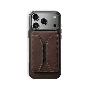 Brown leather MagSafe wallet iPhone case by PADUCASE with sleek design and built-in magnetic attachment for secure phone compatibility.