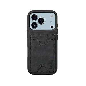 Brown leather iPhone case with card holder and foldable stand for iPhone 12–17, featuring sleek design and functional features.