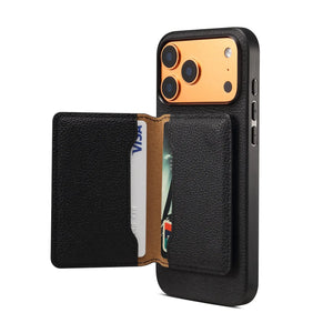 Black PADUCASE MagSafe leather cardholder iPhone case for iPhone 12 to 17 with built-in card slot and magnetic attachment.