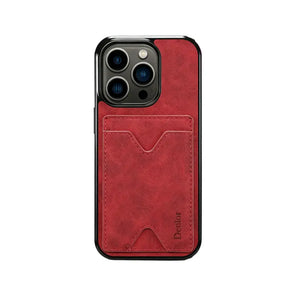 Brown leather iPhone case with built-in card holder and stand feature by PADUCASE, showing the sleek design and functional slots.