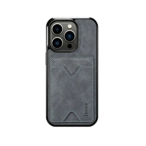 Brown leather iPhone case with built-in card holder and stand by PADUCASE, showing the front view with card slots and stand feature.