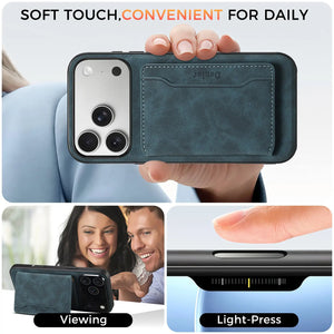 Blue leather iPhone case with MagSafe magnetic wallet for iPhone 12 to 17, by PADUCASE, showing the case and wallet attached.