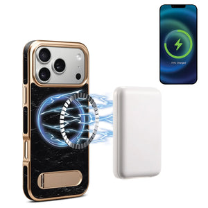 Black PADUCASE leather iPhone case with foldable stand, compatible with MagSafe, featuring a sleek design and precise cutouts.