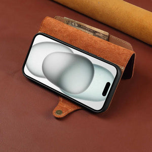 Brown leather iPhone case with card holder, flip folio design, and strap by PADUCASE. Protects phone and carries cards.