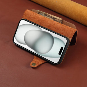 Brown leather iPhone case with card holder, flip folio design, and strap by PADUCASE. Protects phone and carries cards.