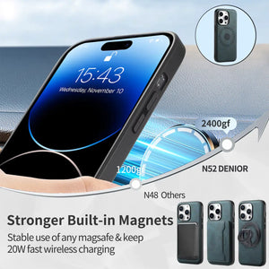 Blue PADUCASE leather iPhone case with MagSafe magnetic wallet attached, compatible with iPhone 12 to 17 models.