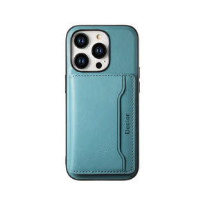 Khaki iPhone case with built-in MagSafe wallet and card holder from PADUCASE, showcasing its slim profile and durable design.