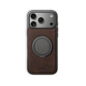 Brown leather iPhone case with built-in stand, compatible with MagSafe, by PADUCASE, showing the case's textured surface and stand feature.