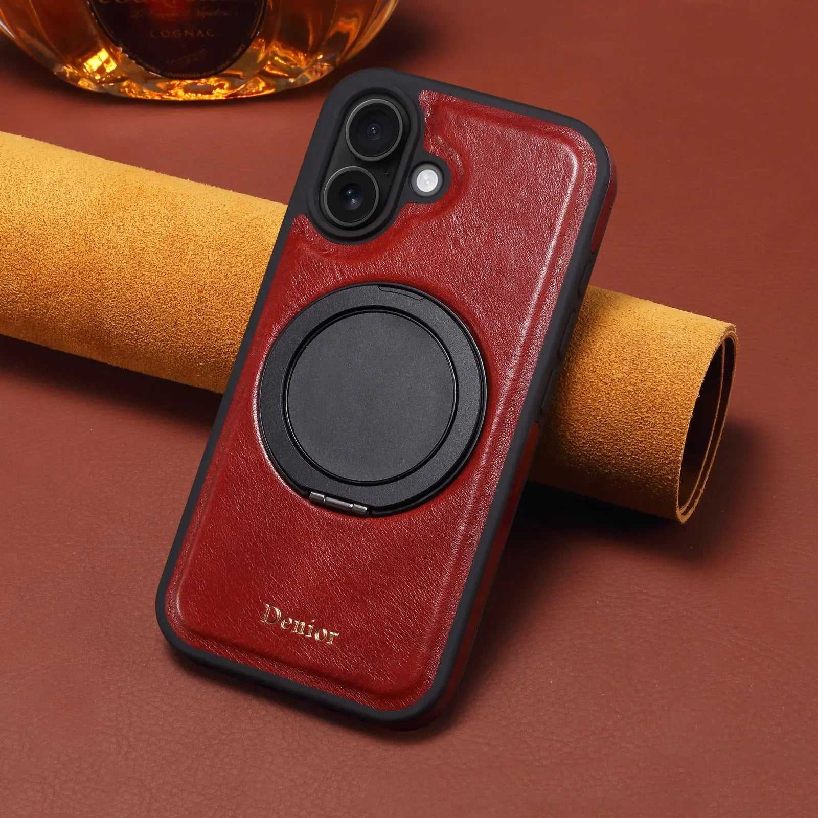 Red MagSafe iPhone case with finger holder for iPhone 12-17 by PADUCASE, shown on a white background.