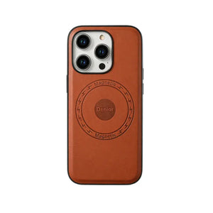 PADUCASE MagSafe leather iPhone case in brown with sleek design, showing the textured leather exterior and precise camera cutout.