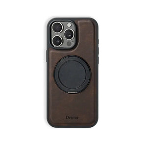 Brown leather iPhone case with stand from PADUCASE, featuring a durable protective cover and built-in stand for convenience.