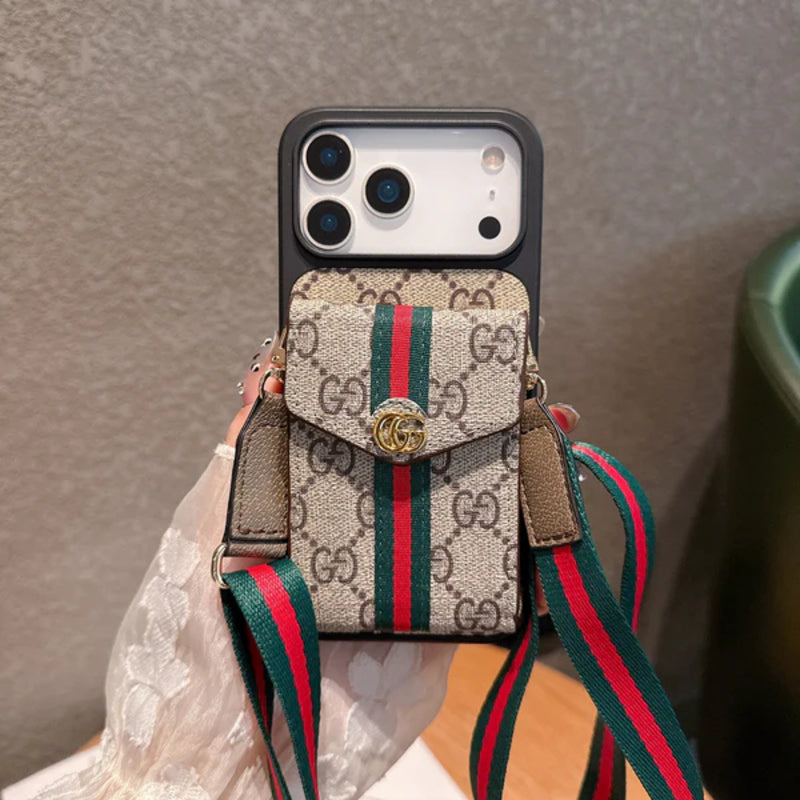 Classic Leather GG iPhone Case With Card Holder And Strap Brown-PEGG150