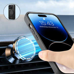 Black leather MagSafe iPhone case with ring stand by PADUCASE, featuring a sleek design and built-in magnetic attachment.