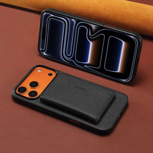 Black leather MagSafe cardholder iPhone case by PADUCASE compatible with iPhone 12 to 17, featuring card storage and secure fit.