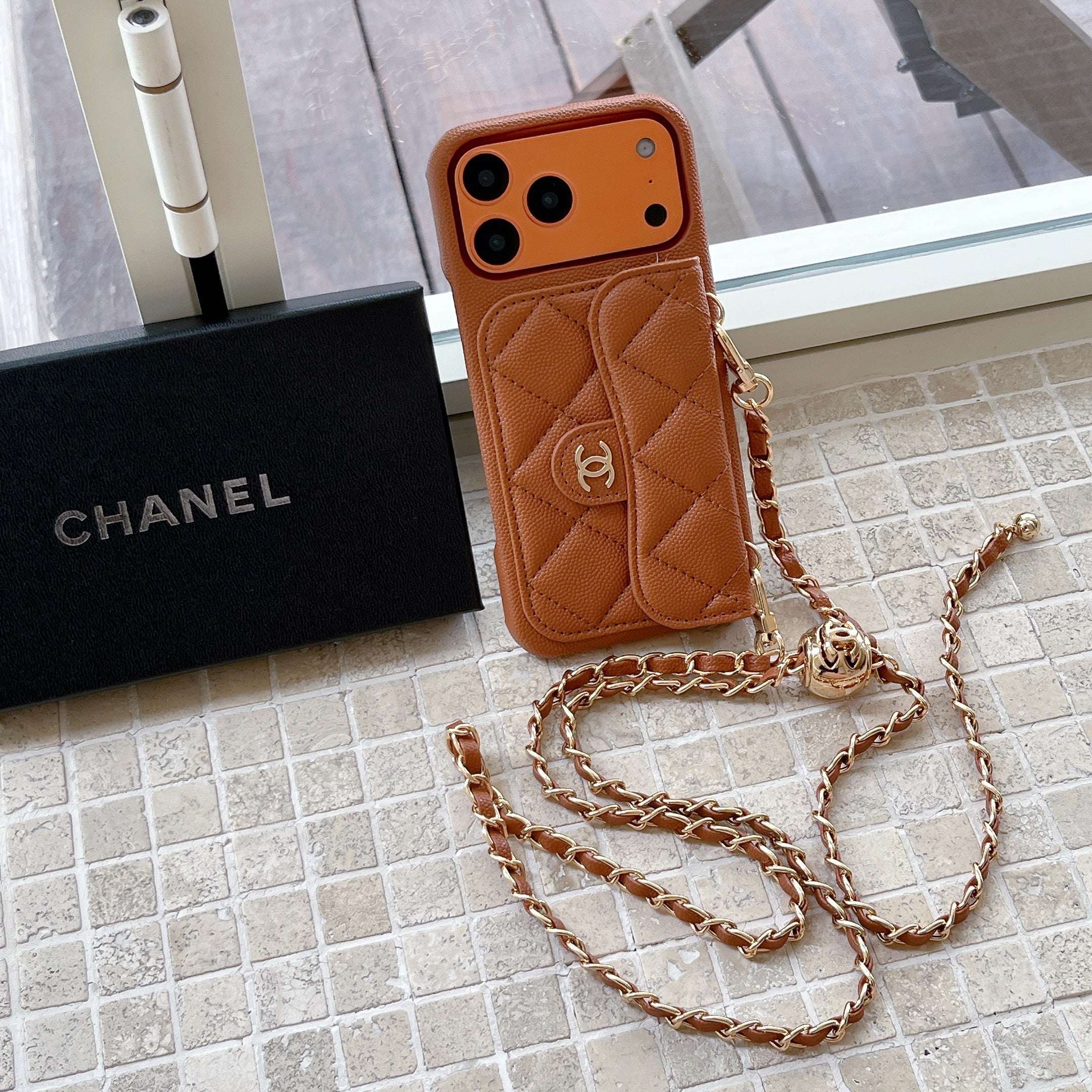 Elegant Leather CC iPhone Case With Wallet And Crossbody Strap Coffee For iPhone 17 Series-PECC159
