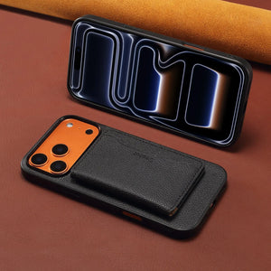 Black leather MagSafe cardholder iPhone case by PADUCASE compatible with iPhone 12 to 17, featuring card storage and secure fit.