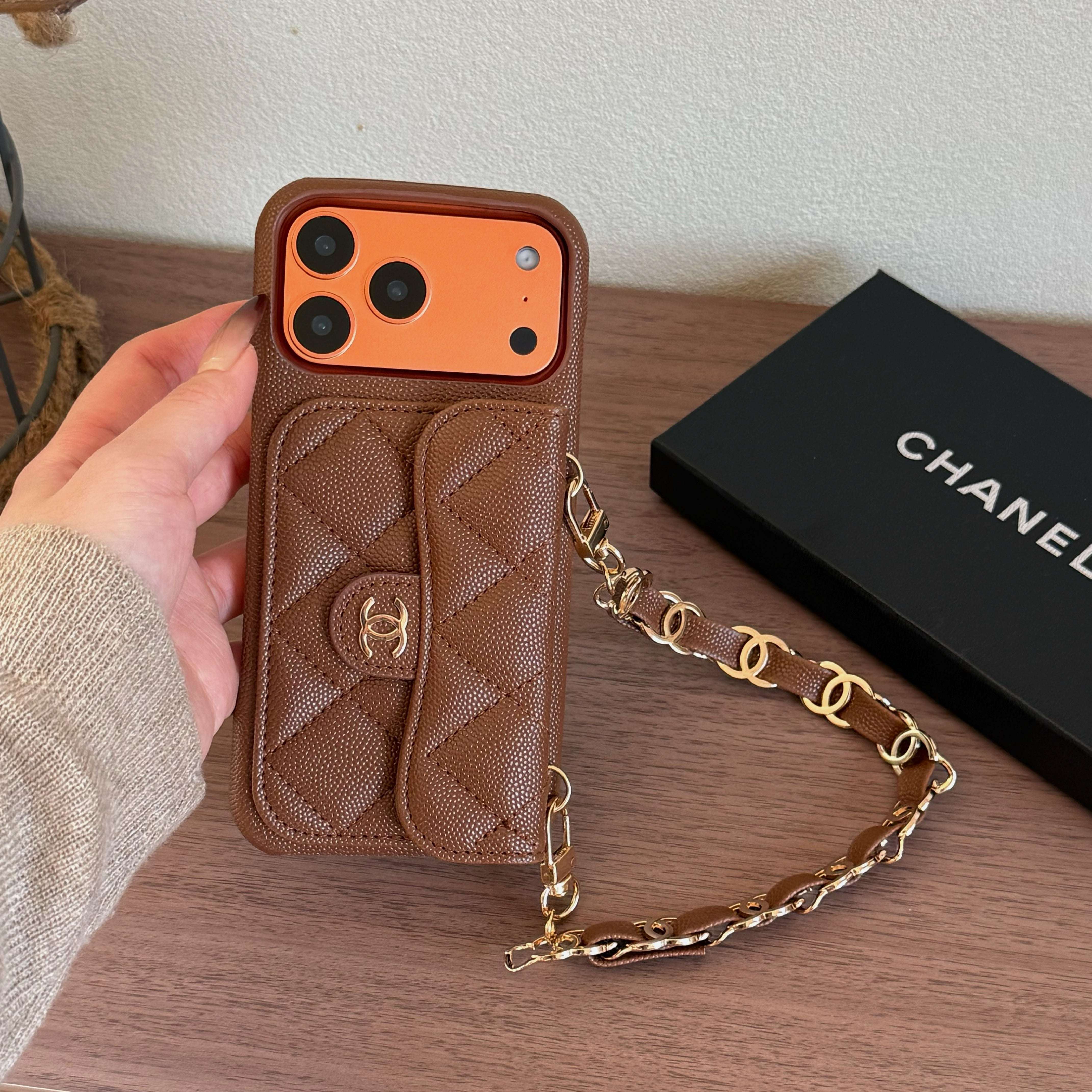 Textured Leather CC iPhone Case With Wallet And Wrist Strap Brown For iPhone 17 Series-PECC161