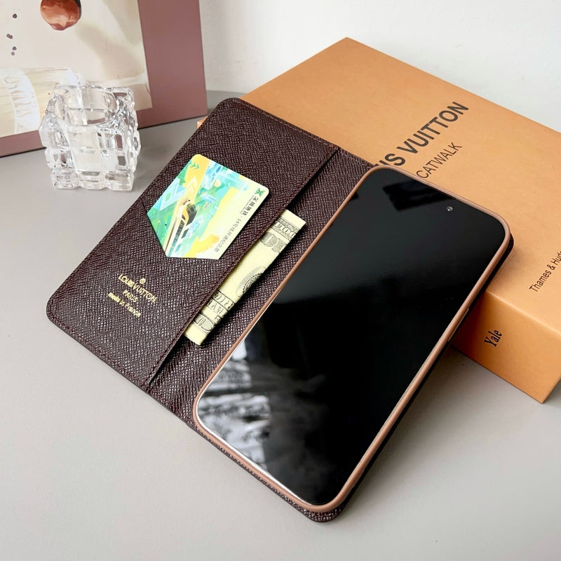 Leather Monogram Phone Case With Wallet And Card Holder For iPhone Brown-635120591499