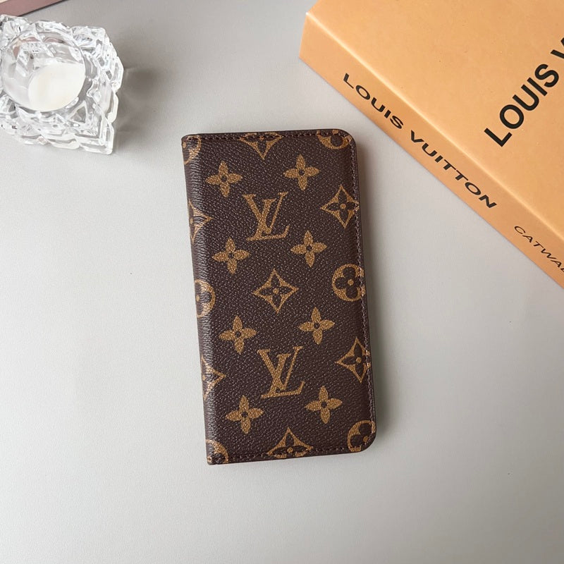 Leather Monogram Phone Case With Wallet And Card Holder For iPhone Brown-635120591499
