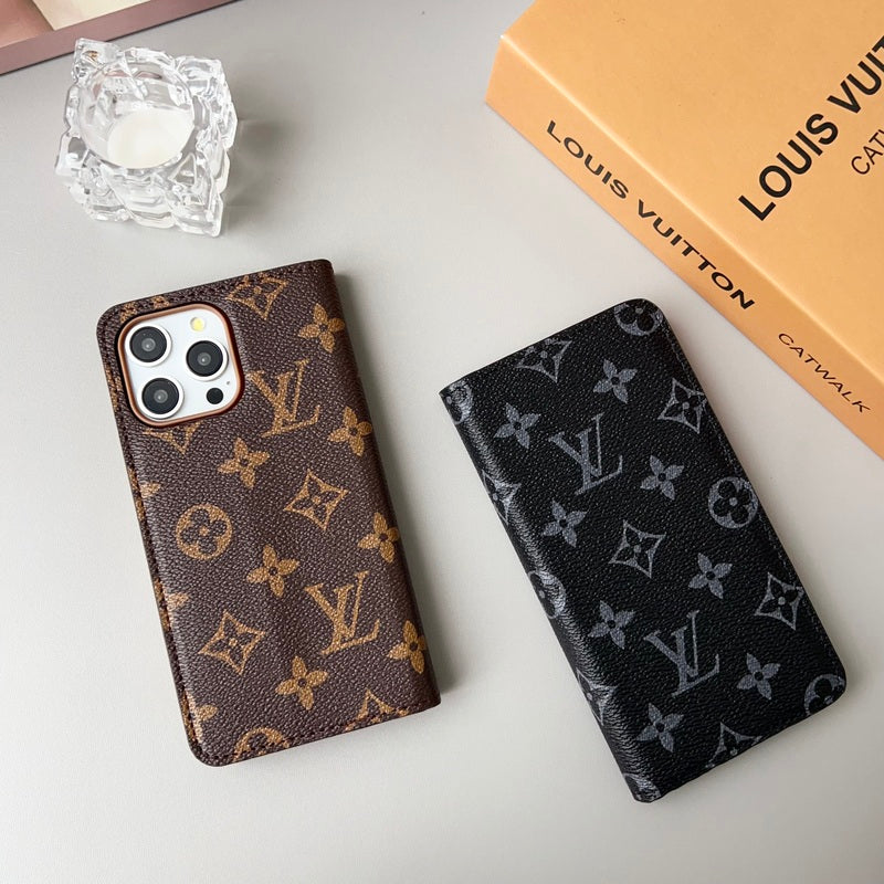 Leather Monogram Phone Case With Wallet And Card Holder For iPhone Brown-635120591499