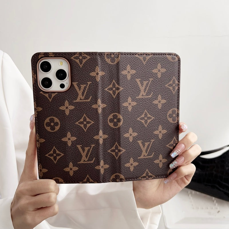 Leather Monogram Phone Case With Wallet And Card Holder For iPhone Brown-635120591499