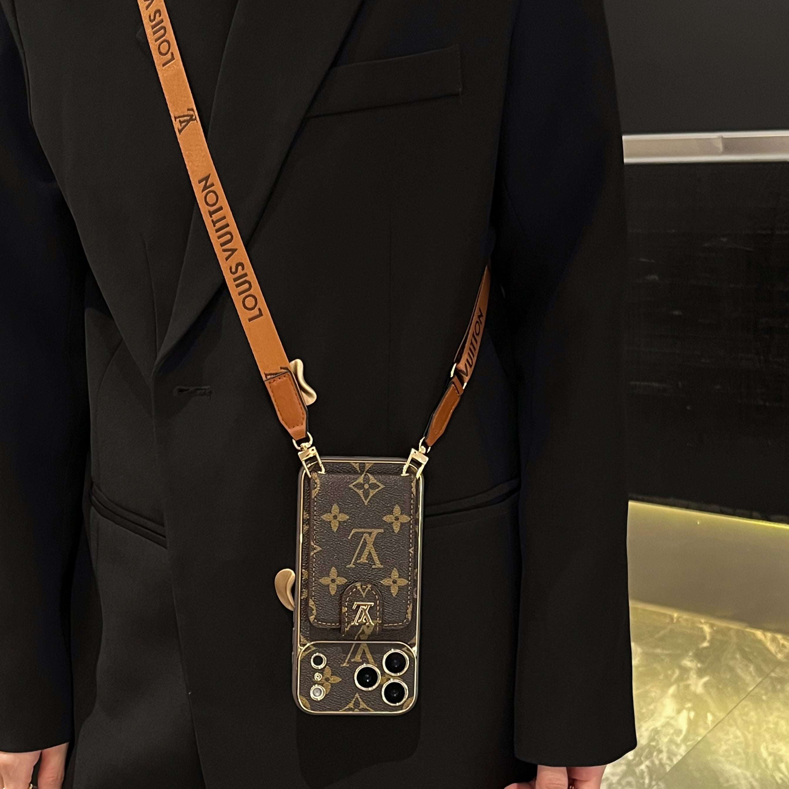 Elegant Leather Monogram iPhone Case With Card Holder And Strap For iPhone 17 Series-RCLV170