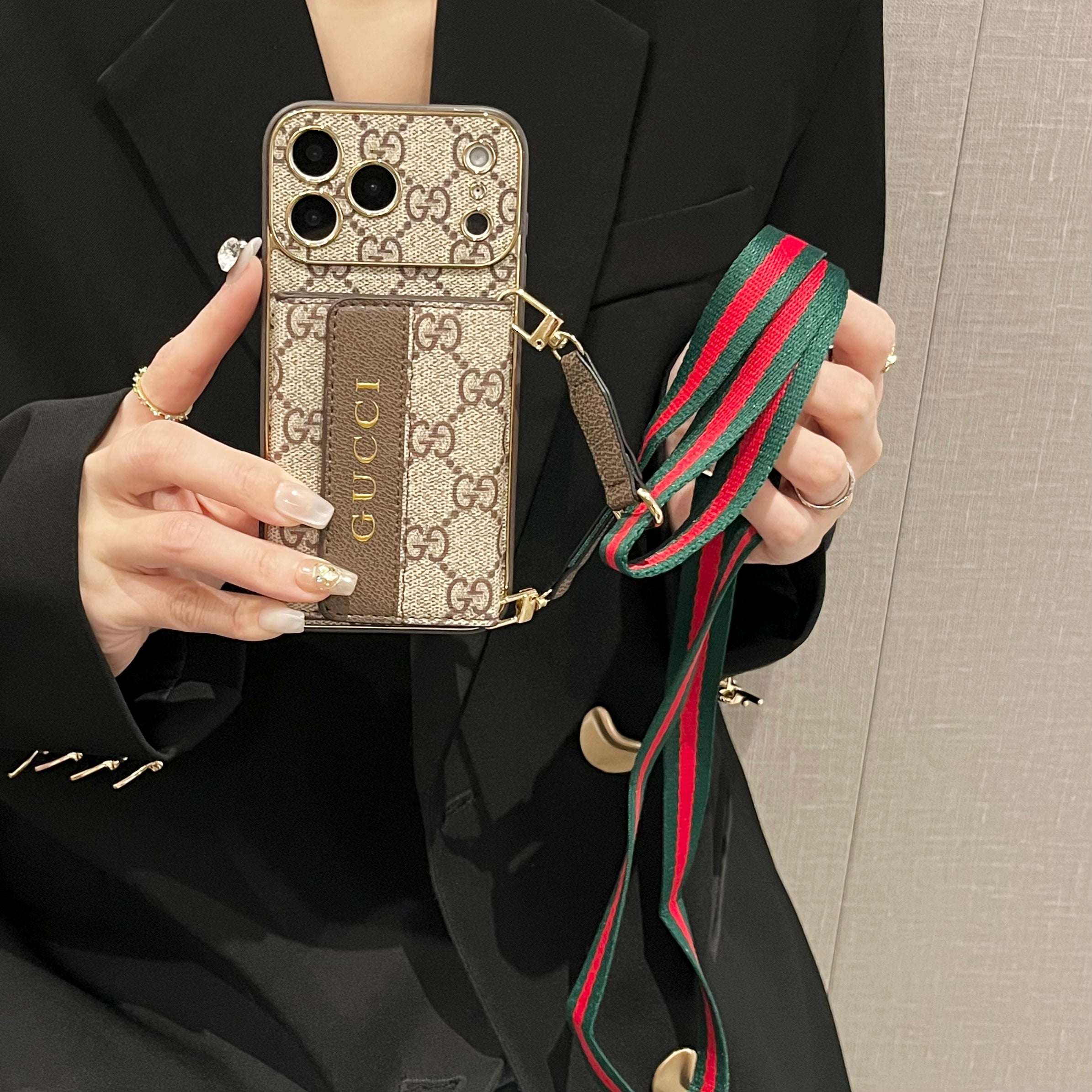 Refined GG iPhone Case With Wallet And Crossbody Strap For iPhone 17 Series-PEGG146